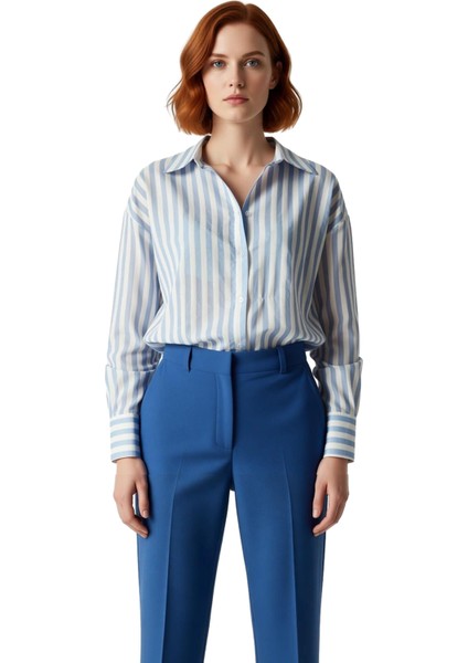 Kadın Çizgili Dokuma Gömlek Oversize Rahat Kesim Günlük Stilinize Modern Dokunuş Katın Şık