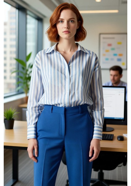 Kadın Çizgili Dokuma Gömlek Oversize Rahat Kesim Günlük Stilinize Modern Dokunuş Katın Şık fırsatları