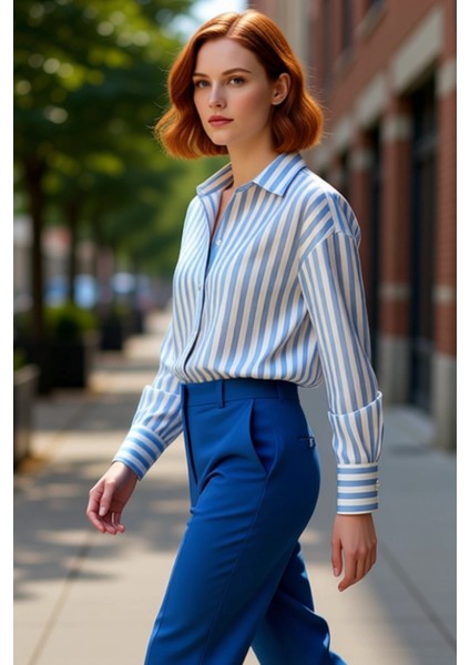 Kadın Çizgili Dokuma Gömlek Oversize Rahat Kesim Günlük Stilinize Modern Dokunuş Katın Şık indirimleri