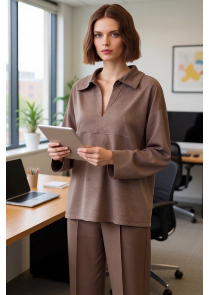 Kadın Süet Görünümlü Düşük Kollu Polo Yaka Bluz Fonksiyonel Dayanıklı Kaliteli Konforlu Şık fırsatları