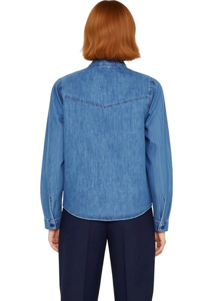 Kadın Dikiş Detaylı Hakim Yaka Uzun Kollu Denim Gömlek Rahat Kesim Günlük Şıklık Dayanıklı indirimleri