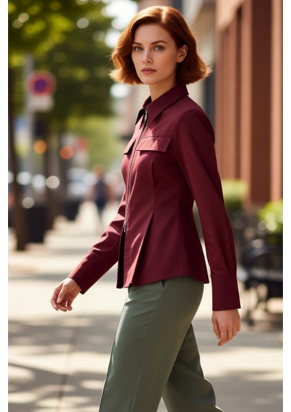 Gabardin Dokuma Fermuar Detaylı Kadın Gömleği Uzun Kollu Regular Kesim Şıklık ve Konfor Şık