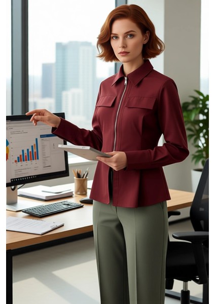 Gabardin Dokuma Fermuar Detaylı Kadın Gömleği Uzun Kollu Regular Kesim Şıklık ve Konfor Şık modelleri