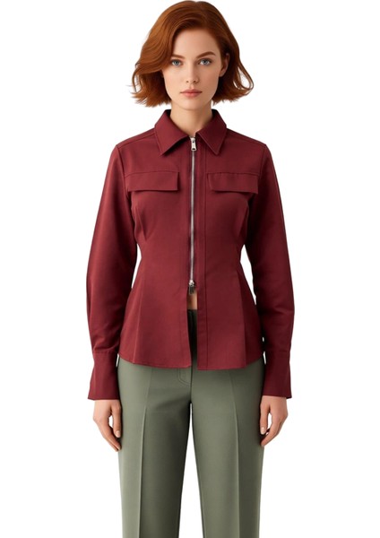 Gabardin Dokuma Fermuar Detaylı Kadın Gömleği Uzun Kollu Regular Kesim Şıklık ve Konfor Şık fırsatları