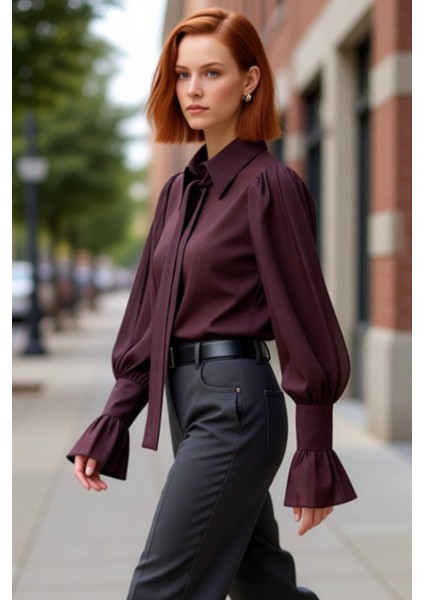 Kadın Bağlama Detaylı Hacimli Kol Kesimli Dokuma Bluz Şık ve Konforlu Bir Seçenek Her Anınıza Eşlik