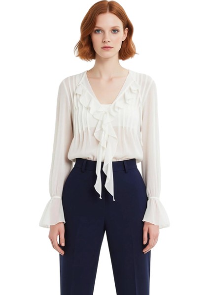 Kadın Fırfır Detaylı Şifon Bluz Uzun Kollu Rahat Kesim Ilkbahar Sonbahar Kombinleri Modern fırsatları