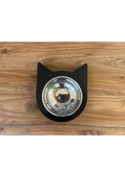 Modern Kedi Figür Tasarımlı Ahşap Evcil Hayvan Mama Kabı Tekli