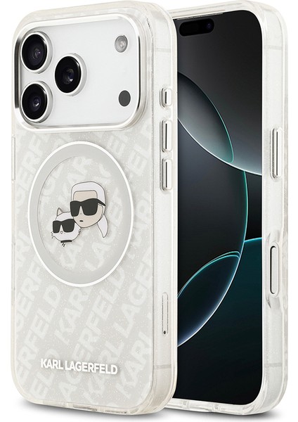iPhone 17 Pro Kılıf Karl Lagerfeld Lisanslı Parlayan Simli Karl & Choupette Heads Kapak Gri