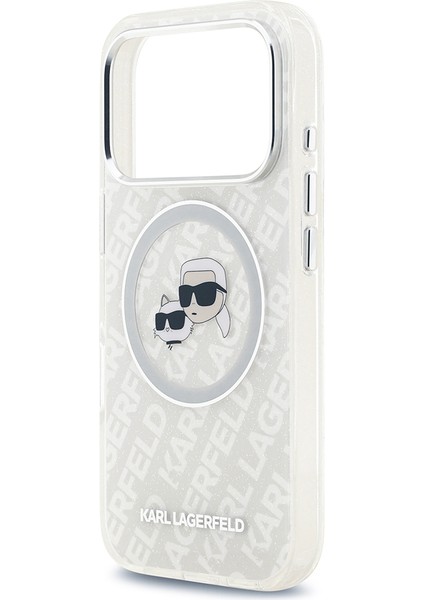 iPhone 17 Pro Kılıf Karl Lagerfeld Lisanslı Parlayan Simli Karl & Choupette Heads Kapak Gri