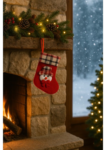 Kış Temalı Kar Adam Sevimli Süslemeli Kırmızı Yılbaşı Çorabı Şömine Asmalık Ev Dekoru Noel Hediyesi!