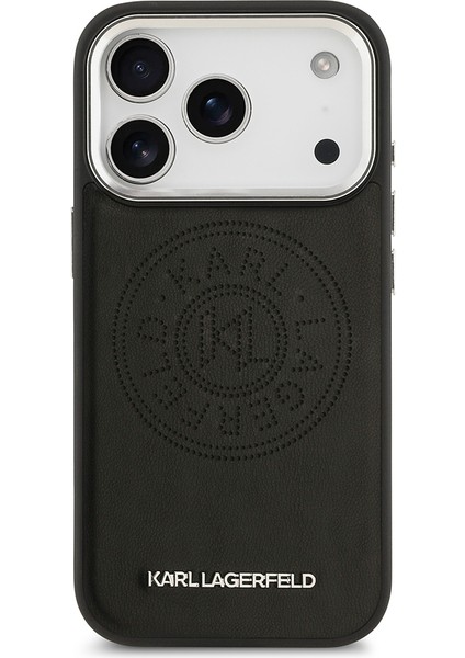 iPhone 17 Pro Max Kılıf Karl Lagerfeld Lisanslı M-Safeli Delikli Tasarım Metal Logolu Pu Deri Siyah modelleri