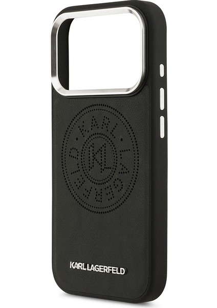 iPhone 17 Pro Max Kılıf Karl Lagerfeld Lisanslı M-Safeli Delikli Tasarım Metal Logolu Pu Deri Siyah