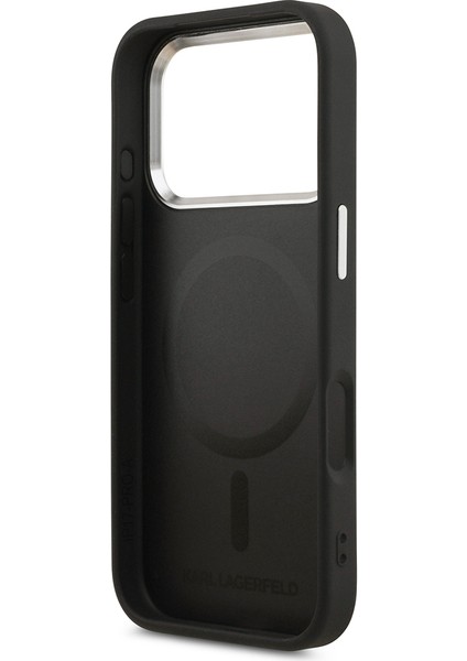 iPhone 17 Pro Max Kılıf Karl Lagerfeld Lisanslı M-Safeli Delikli Tasarım Metal Logolu Pu Deri Siyah