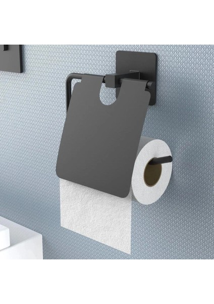 Kendiliğinden Yapışkanlı Siyah Paslanmaz Metal Kapaklı Tuvalet Kağıtlığı Aparatı (4887)