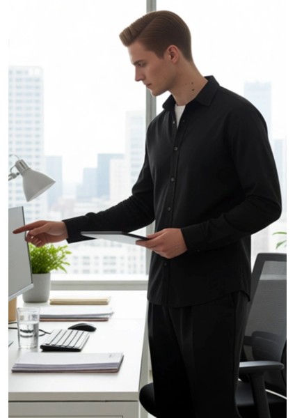 Erkek Stiline Şıklık Katan Dokulu Yüzeyli Rahat Kalıp Uzun Kollu Gömlek Seçeneği Dayanıklı fırsatları