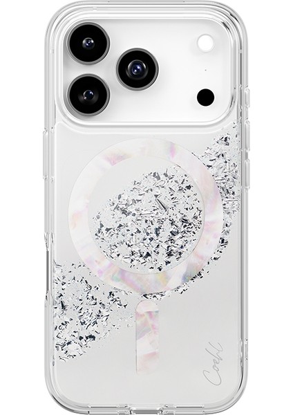 iPhone 17 Pro Uyumlu Kılıf M-Safe Şarj Parlak Kristal Desenli Coehl Crystelle Kapak Gümüş