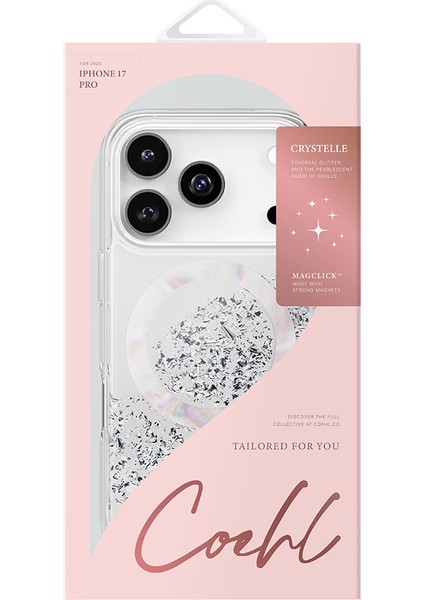 iPhone 17 Pro Uyumlu Kılıf M-Safe Şarj Parlak Kristal Desenli Coehl Crystelle Kapak Gümüş modelleri