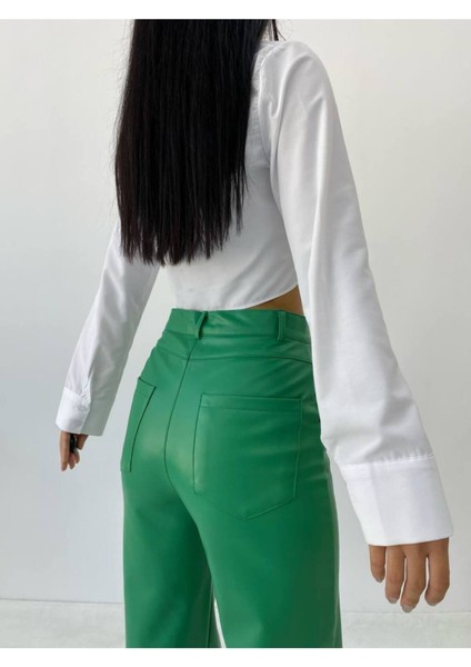 Kadın Yeşil Deri Yırtmaçlı Pantolon - 10819 fırsatları