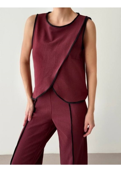 Kadın Bordo Çizgili Yırtmaçlı Pantolon - 10787