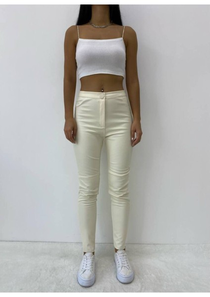 Kadın Bej Paça Gizli Fermuarlı Deri Pantolon - 10742 fiyatları