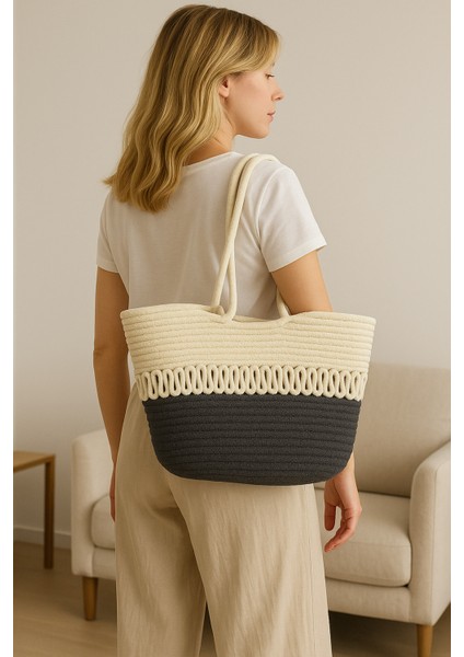 Halat Örgü Hasır Çevre Dostu Şık Çift Renkli Büyük Boy Plaj Çantası Kadın El ve Omuz Çantası