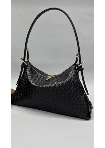 The Moiss Örgü Desenli Siyah Renk Fermuarlı El ve Omuz Çantasi