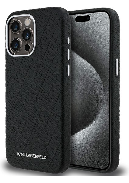 iPhone 15 Pro Max Kılıf Karl Lagerfeld Orjinal Lisanslı Pu Deri Damgalı Metal Yazı Logolu Kapak
