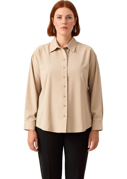 Kadın Büyük Beden Rahat Kesim Uzun Kollu Dokuma Kumaş Düz Desenli Temel Gömlek Günlük Kullanım