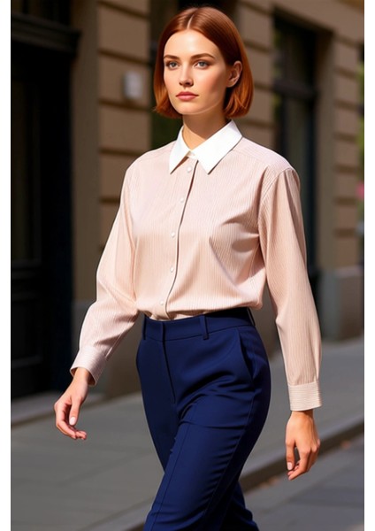 Kadın Çizgili Dokuma Gömlek Kontrast Yakası ve Rahat Kalıbıyla Günlük Şıklık Sunar Estetik indirimleri