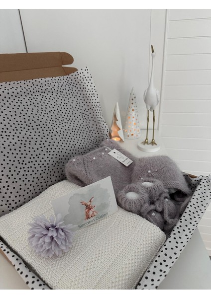 Hoşgeldin Bebek Lila Incili Yenidoğan Kıyafet Örgü Triko Takım Tulum Kıyafet Seti Battaniye