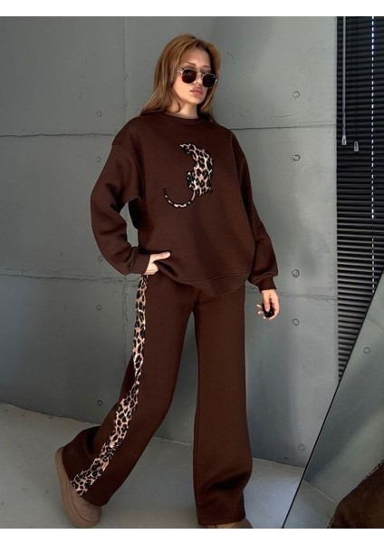 5832 Leoparlı Eşofman Takımı Kahve