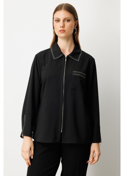 Kadın Büyük Beden Fermuarlı Taş Işlemeli Bluz 3981 Siyah