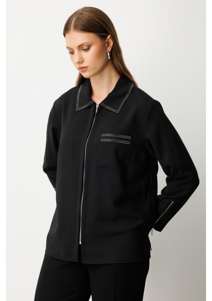 Kadın Büyük Beden Fermuarlı Taş Işlemeli Bluz 3981 Siyah fiyatları