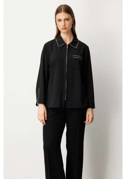 Kadın Büyük Beden Fermuarlı Taş Işlemeli Bluz 3981 Siyah modelleri