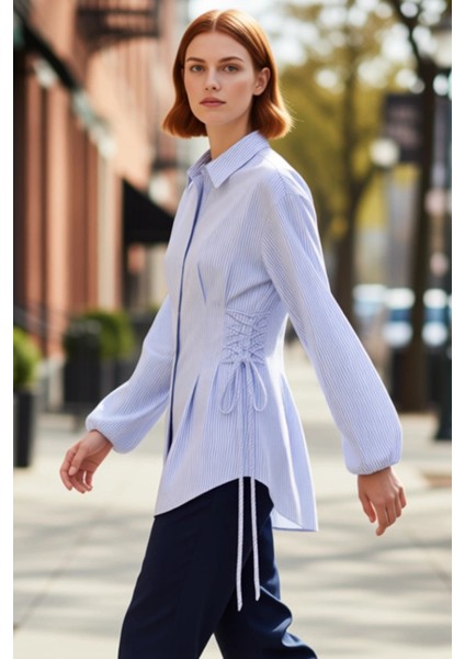 Kadın Bel Bağlama Detaylı Uzun Kollu Dokuma Gömlek Günlük Şıklık ve Konfor Sunan Modern Bir Tasarım