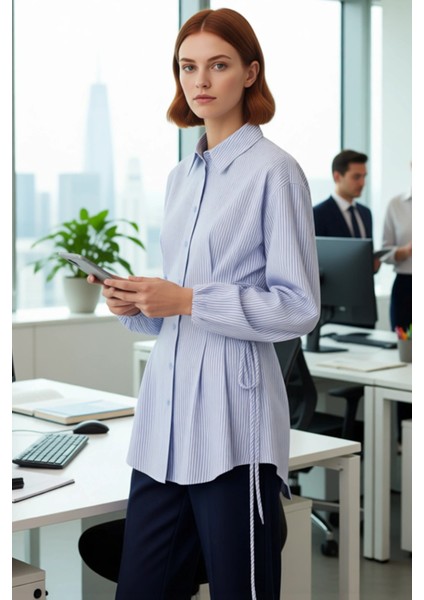 Kadın Bel Bağlama Detaylı Uzun Kollu Dokuma Gömlek Günlük Şıklık ve Konfor Sunan Modern Bir Tasarım modelleri