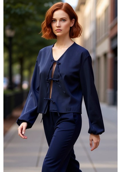 Kareli Bağlamalı Kadın Bluz V Yaka Balon Kol Detaylı Kısa Kesim Dokuma Üst Giyim Günlük Şıklık