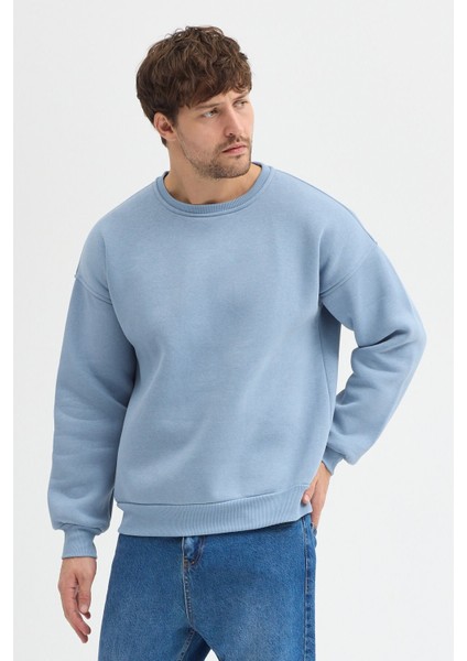 Mavi Bisiklet Yaka Erkek Oversize Sweatshirt Pamuklu Basic 3 Iplik Şardonlu modelleri