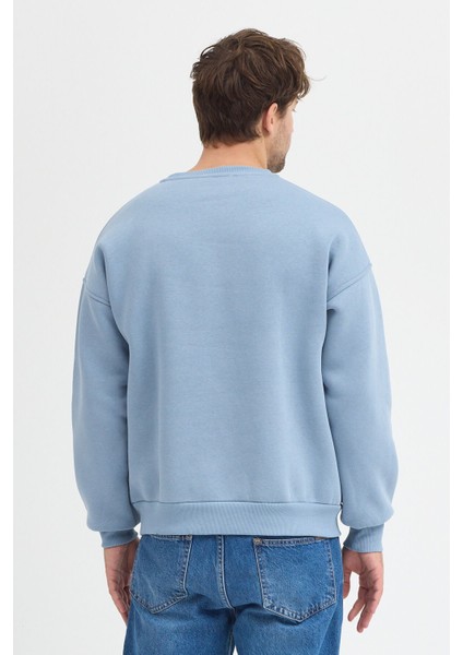 Mavi Bisiklet Yaka Erkek Oversize Sweatshirt Pamuklu Basic 3 Iplik Şardonlu fırsatları