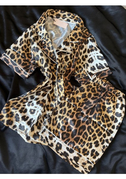Leopar Şortlu Saten Takım