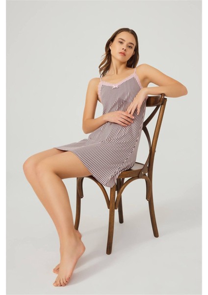 Pembe Füme Çizgili Ince Askılı Pamuklu Kadın Gecelik modelleri