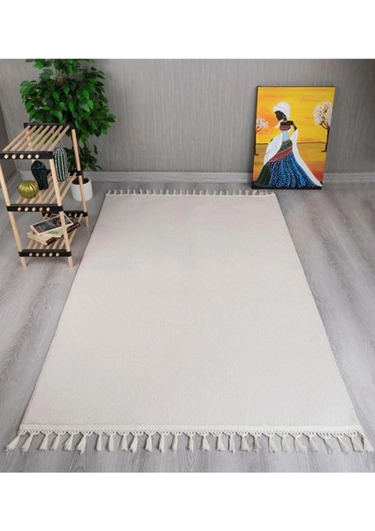 Krem Cloudy Düğüm Saçaklı Post Peluş Halı Kaymaz Taban Yumuşacık Yolluk Modern Halı