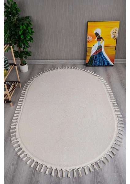 Krem Cloudy Oval Düğüm Saçaklı Post Peluş Halı Kaymaz Taban Yumuşacık Yolluk