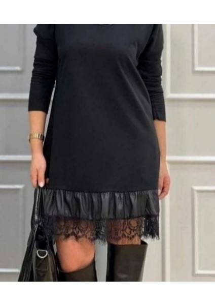 Kadın Uzun Kollu Bisiklet Yaka Etek Ucu Deri Dantelli Viskon Iki Iplik Midi Elbise modelleri