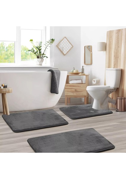 3'lü Banyo Paspas Seti Klozet Önü Peluş Yumuşacık Yıkanabilir Antrasit (50X80-40X60-40X50)