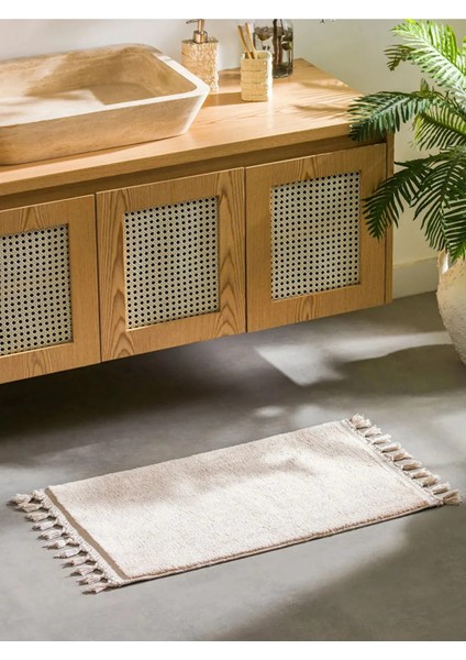 Özel Dekoratif Banyo Paspası Peluş Yumuşak Krem Saçaklı 50X80