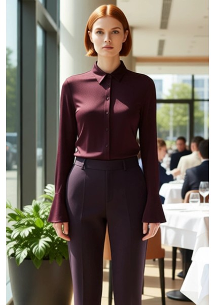 Kadın Parlak Dokulu Gömlek Yaka Düğmeli Uzun Ispanyol Kol Örme Üst Giyim Şık Tasarım Rahat modelleri