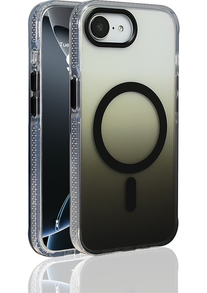 iPhone 16E Kılıf M-Safe Şarj Özellikli Transparan Renk Geçişli Zore Toros Kapak - Siyah
