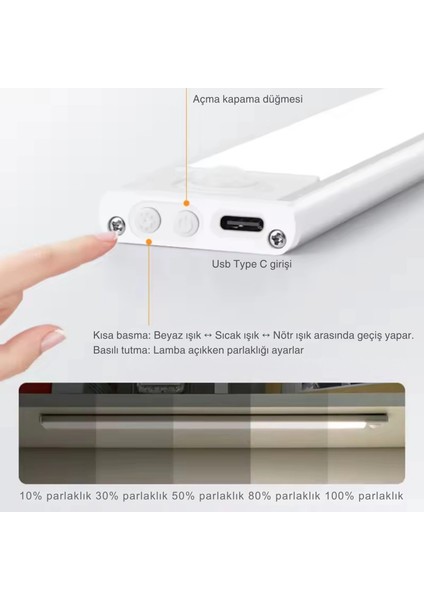 50 cm Manyetik Şarjlı LED Dolap/tezgâh Altı Lamba Hareket Sensörlü 3 Renk Kısılabilir USB Type-C fiyatları