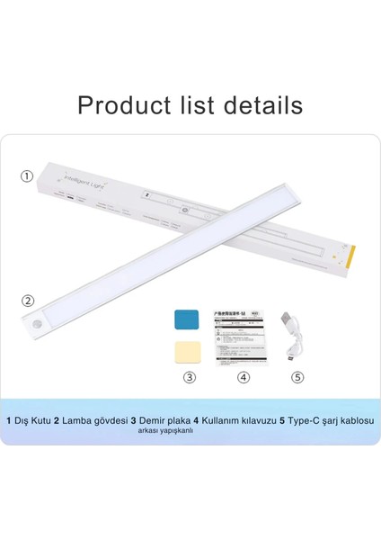 50 cm Manyetik Şarjlı LED Dolap/tezgâh Altı Lamba Hareket Sensörlü 3 Renk Kısılabilir USB Type-C modelleri